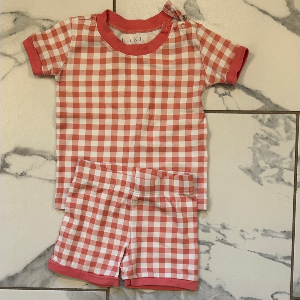 Lake Gingham short Pajama Set - Coral and White